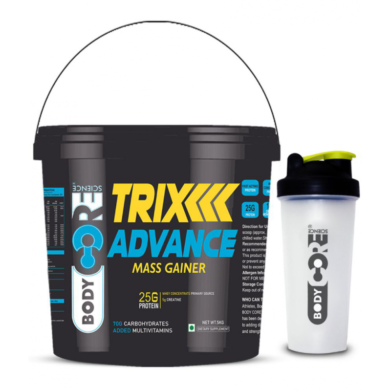 Body Core Science Trix Advance Mass Gainer with Shaker 5 kg Weight Gainer Powder Single Pack