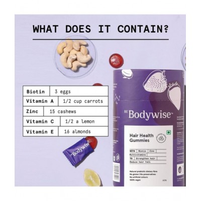 Bodywise Biotin Hair Gummies for Hair Fall | No Added Sugar | Multivitamins | Biotin Supplements for Stronger Hair | 60 Gummies Bodywise Biotin Hair Gummies for Hair Fall | No Added Sugar | Multivitamins | Biotin Supplements for Stronger Hair | 60 Gummies