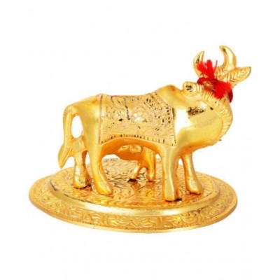 Brass Golden plated cow statue with calf standing on base :kamadhenu cow