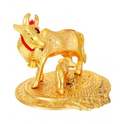 Brass Golden plated cow statue with calf standing on base :kamadhenu cow