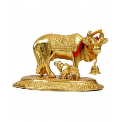 Brass Golden plated cow statue with calf standing on base :kamadhenu cow