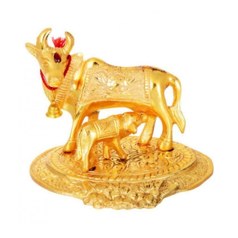 Brass Golden plated cow statue with calf standing on base :kamadhenu cow