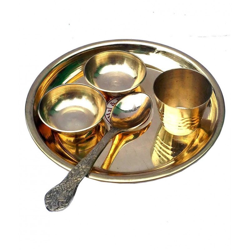 Brass Laddu Gopal Bhog Thali Set with 2 Katori, Glass, 1 Spoon for Temple, Home Decor (Golden) Brass Laddu Gopal Bhog Thali Set with 2 Katori, Glass, 1 Spoon for Temple, Home Decor (Golden)