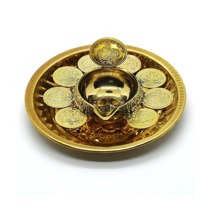 Brass Lakshmi Kubera vilakku with Plate/gaja Lakshmi Diya (9 coin p)