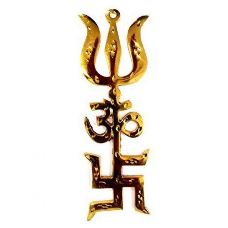 Brass Tri Shakti Yantra Power Symbol for Protection Swastik Om Trishul Symbol