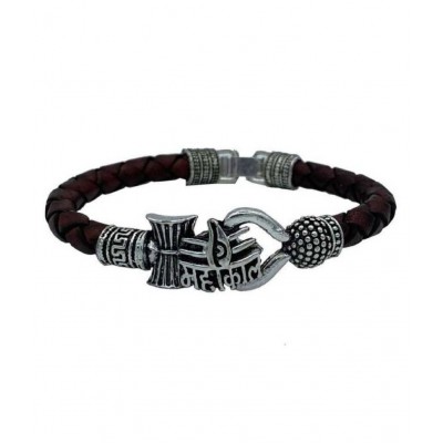 Brown leather baracelet , silverlion mahakal for unisex