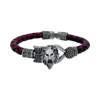 Brown leather baracelet , silverlion mahakal for unisex