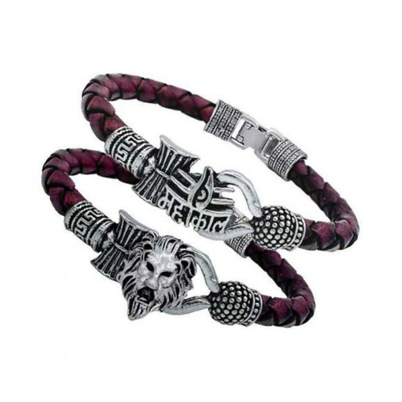 Brown leather baracelet , silverlion mahakal for unisex