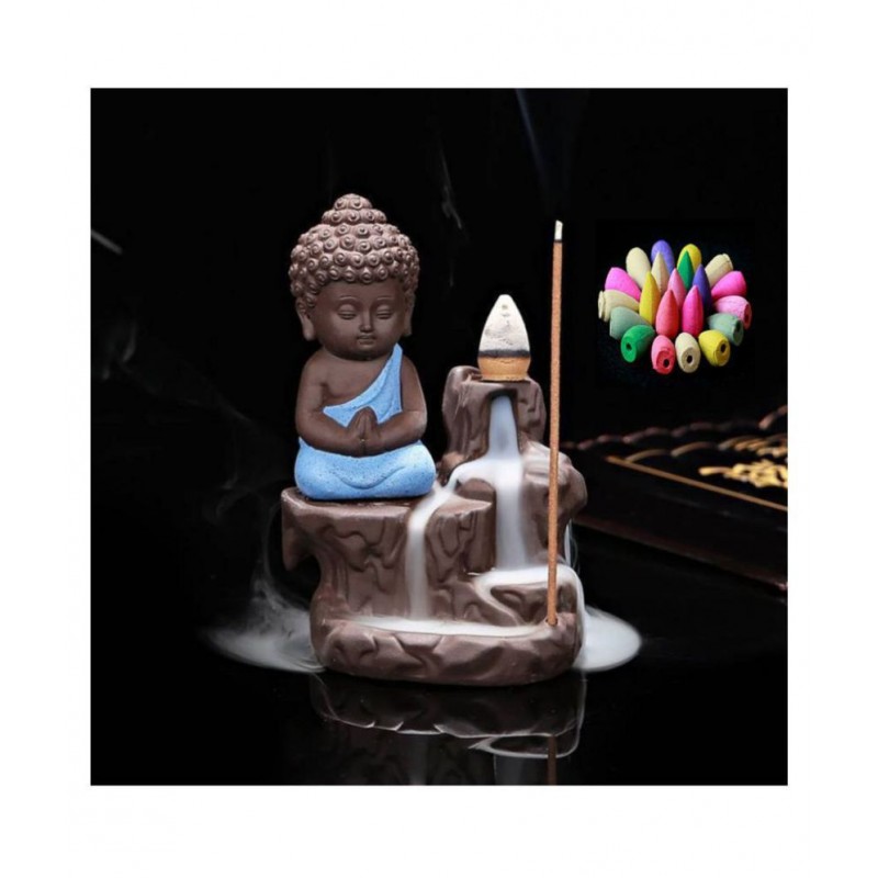 Buddha Smoke Backflow with 10 Smoke Cones Multicolour Polyresin Monk Buddha Smoke Backflow - Pack of 1