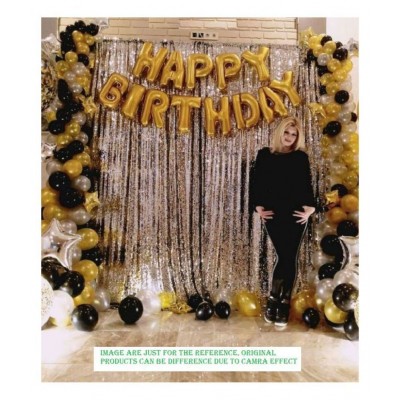 Buzz Happy Birthday Letter Foil Balloon Set of Gold + 2Pcs Silver Fringe Curtain (3 X 6 Feet) + Pack of 50 pcs Metallic Balloons(Black&Gold,Sliver) For Birthdays Parties