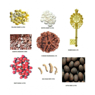 CHEZEL® White Cowrie Yellow Cowry Lotus Seed Rakt gunja (11 Pcs) Kamiya Sindoor(5 GMS) Kali haldi Dry (5pcs) 5 mukhi rudraksha and Kuber kunji 1 pcs CHEZEL® White Cowrie Yellow Cowry Lotus Seed Rakt gunja (11 Pcs) Kamiya Sindoor(5 GMS) Kali haldi Dry (5pcs) 5 mukhi rudraksha and Kuber kunji 1 pcs