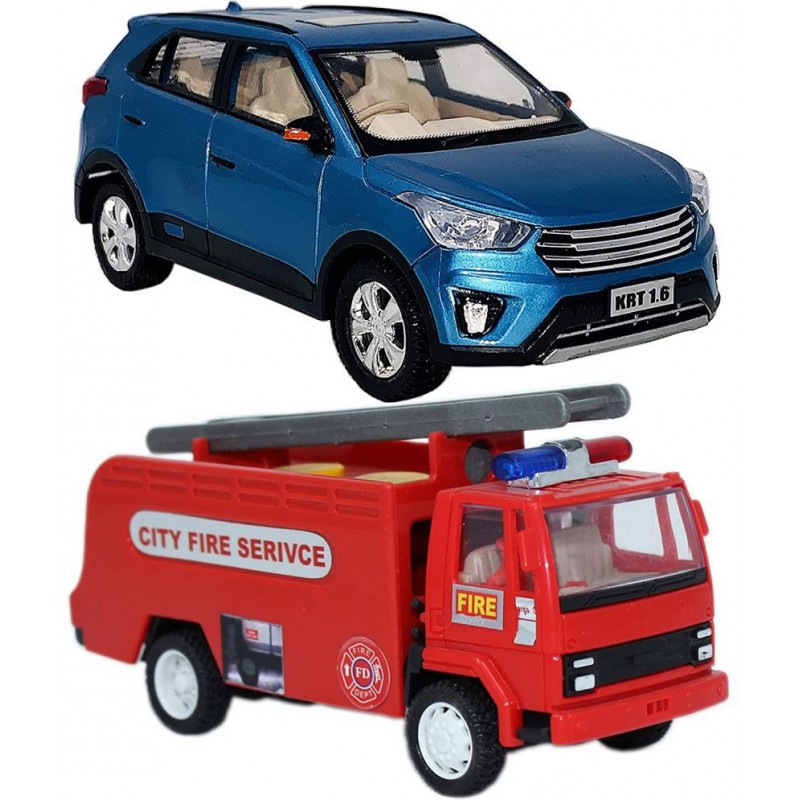 Centy Toys Combo of Pull Back Action Creta KRT Car with Fire Tender Truck Toy Car for Kids and Boys (Color May Vary)