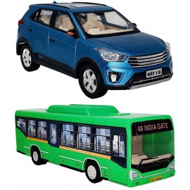 Centy Toys Combo of Pull Back Action Creta KRT Car with Low Floor City Bus Toy Car for Kids and Boys (Color May Vary)