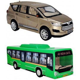 Centy Toys Combo of Pull Back Action SUV Innova Car with Low Floor City Bus Toy Car for Kids and Boys (Color May Vary)