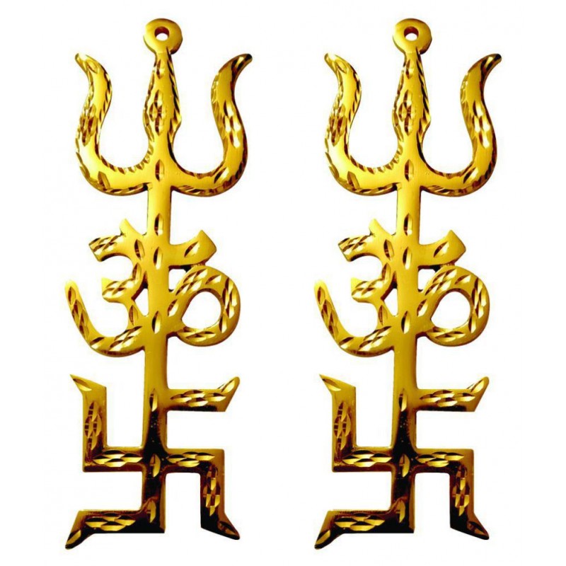 Combo of 2 Swastik Om Trishul Trishakti Yantra Brass with Dimand Cutting (Gold Plated) 6" for Vastu, Home, Pooja, Car, Showpiece, Wall Hanging & Gift