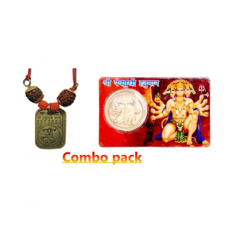 Combo of Brass Panchmukhi Hanuman Kavach Pendant with 5 Faced Rudraksha and Ashtadhatu Yantra and ATM Card for Wealth Gold Plated Yantra Coin Inside
