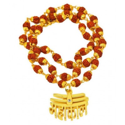Cyan spritual 5 Faced Rudraksha Golden Caps Mala with Mahakaal Locket