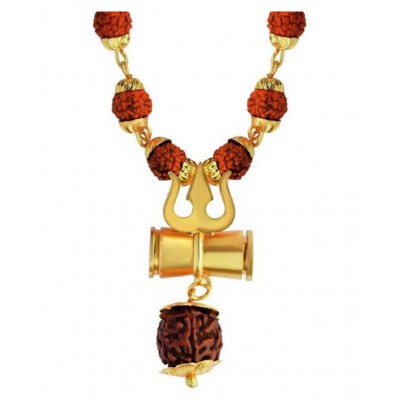 Cyan spritual Loard Shiv Shakti Kavach 5 Mukhi Chamtkaari Rudraksha Mala With Shiv Trishul & Damru Rudraksh Panchmukhi