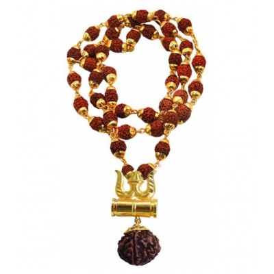 Cyan spritual Loard Shiv Shakti Kavach 5 Mukhi Chamtkaari Rudraksha Mala With Shiv Trishul & Damru Rudraksh Panchmukhi