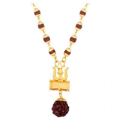 Cyan spritual Shiv Shakti Kavach 5 Mukhi Rudraksha Mala With Shiv Trishul & Damru Wood Chain Alloy, Wood Locket