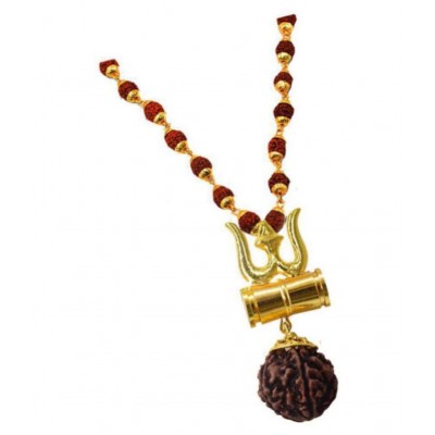 Cyan spritual Shiv Shakti Kavach 5 Mukhi Rudraksha Mala With Shiv Trishul & Damru Wood Chain Alloy, Wood Locket