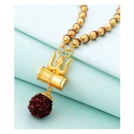 Cyan spritual Shiv Shakti Kavach 5 Mukhi Rudraksha Mala With Shiv Trishul & Damru Wood Chain Alloy, Wood Locket