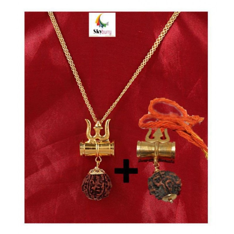 Cyan spritual Shiv Shakti Lord Shiv Trishul Damru Locket With Gold-plated Plated Chain And One Shiv Trishul Damru Pendant FreeÂ