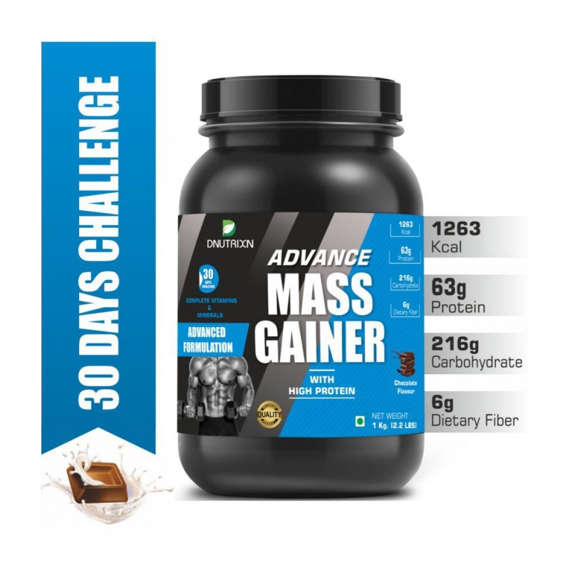 DNUTRIXN Advance Mass Gainer -1KG | Protein 63gm, 1263Kcal 1 KG kg Mass Gainer Powder