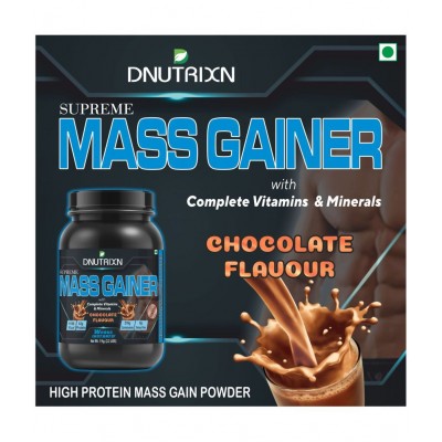 DNUTRIXN SUPREME MASS GAINER- 1KG | 30 Days Challenge with High Protein (63 gm), High Calorie (1188 Kcal) Enriched with Multivitamins and Multiminerals 1 kg Chocolate