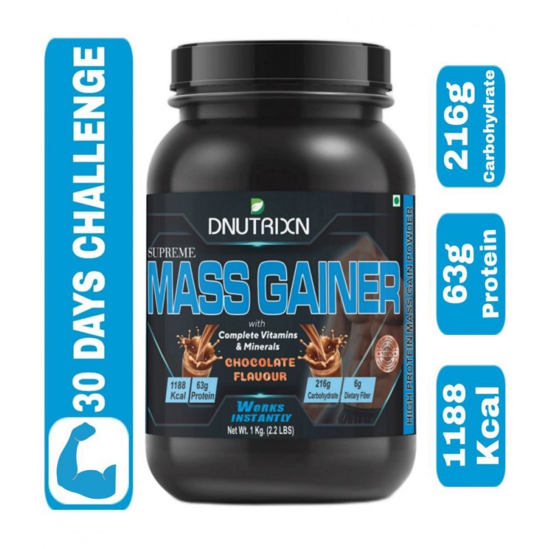 DNUTRIXN SUPREME MASS GAINER- 1KG | 30 Days Challenge with High Protein (63 gm), High Calorie (1188 Kcal) Enriched with Multivitamins and Multiminerals 1 kg Chocolate DNUTRIXN SUPREME MASS GAINER- 1KG | 30 Days Challenge with High Protein (63 gm), High Calorie (1188 Kcal) Enriched with Multivitamins and Multiminerals 1 kg Chocolate