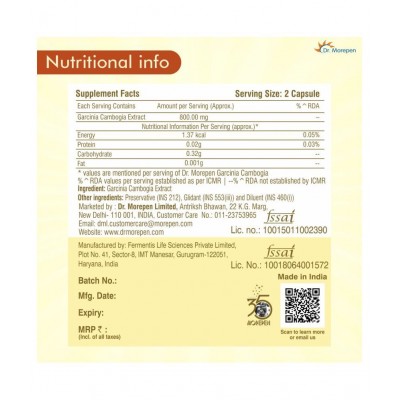 Dr. Morepen Garcinia Cambogia For Weight Loss | 800mg With 60% HCA | Metabolism Booster & Weight Management Supplement 60 no.s Unflavoured Single Pack