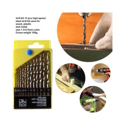 Drill Bits for Wood, Malleable Iron, Aluminium, Plastic, Wall - Set of 13 Pieces