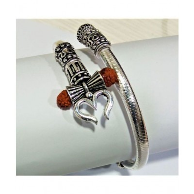 DvR ClicK Designer Silver Shiva Trishul Rudraksha Damru Kada Bracelet Bangle for Men and Boys Silver Trishul