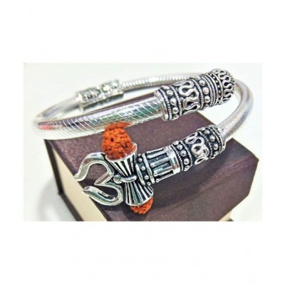 DvR ClicK Designer Silver Shiva Trishul Rudraksha Damru Kada Bracelet Bangle for Men and Boys Silver Trishul