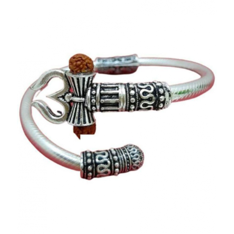 DvR ClicK Designer Silver Shiva Trishul Rudraksha Damru Kada Bracelet Bangle for Men and Boys Silver Trishul