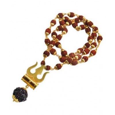 DvR ClicK Loard Shiv Trishul Damru Locket With Puchmukhi Rudraksha Mala Gold-plated Brass, Wood