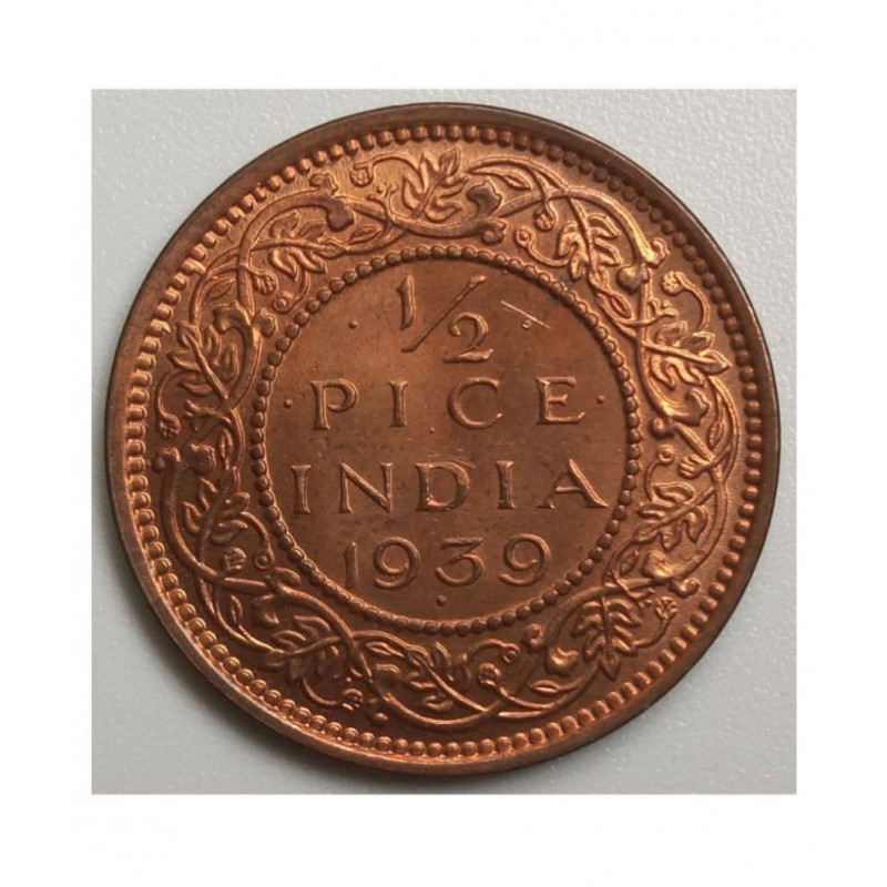 EXTREMELY RARE & CUTE COLLECTIBLE: BRITISH INDIA GEORGE VI KING EMPEROR VERY RARE YEAR *1939* 1/2 PICE COIN, IN BRILLIANT CONDITION (BRONZE) 2,43 GRAMS