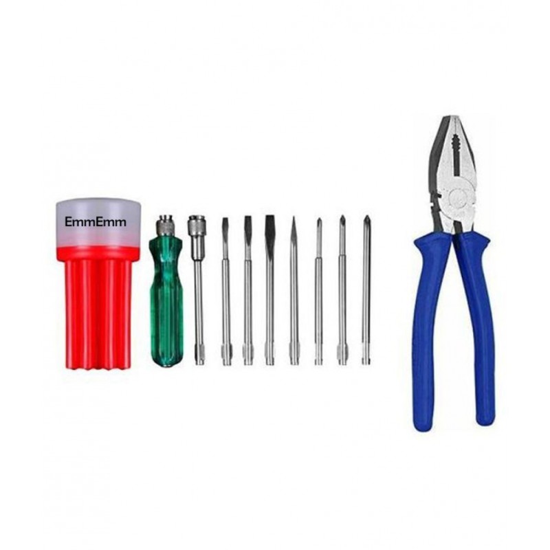 EmmEmm Combo of 8 in 1 Screw Driver Set With Tester Handle & 8 Inch Combination Plier