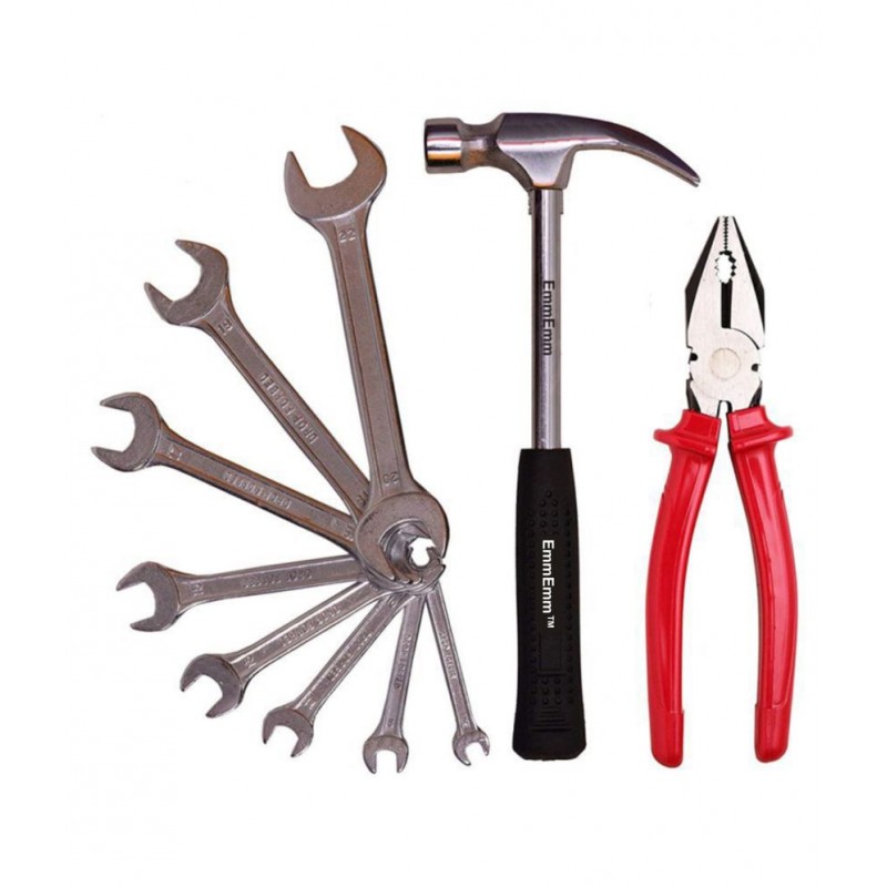 EmmEmm Premium Combo of Claw Hammer, Combination Plier & 8 Pcs Open Ended Spanner Set