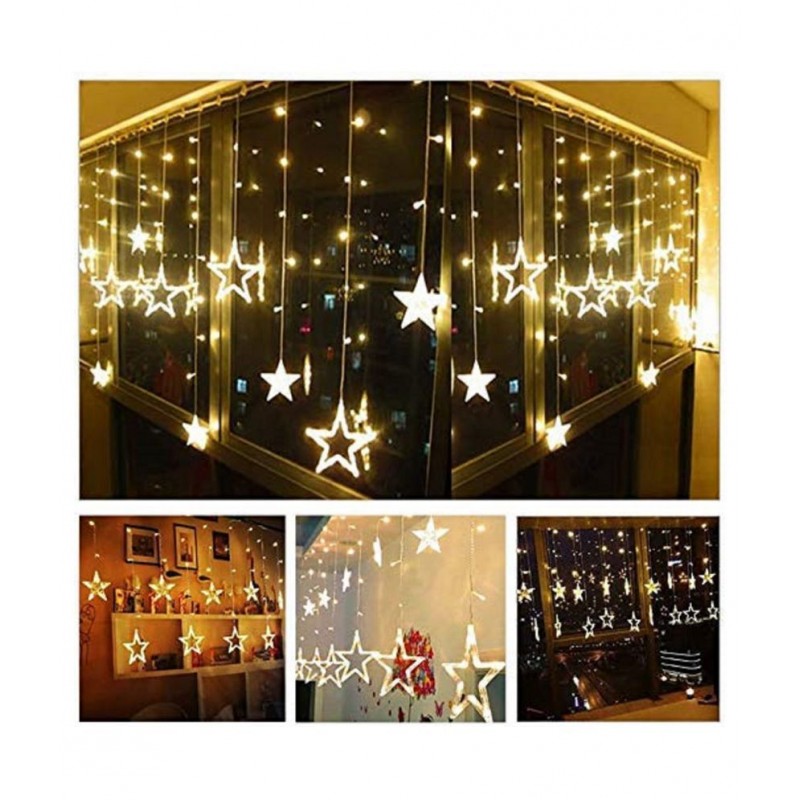 Esmi | 12 (6+6) Stars 138 LED Curtain String Lights | Window Curtain Lights with 8 Flashing Modes | Decoration for Christmas, Wedding, Party, Home, Patio Lawn Warm White (138 LED - Star)