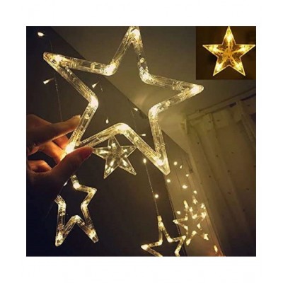 Esmi | 12 (6+6) Stars 138 LED Curtain String Lights | Window Curtain Lights with 8 Flashing Modes | Decoration for Christmas, Wedding, Party, Home, Patio Lawn Warm White (138 LED - Star)