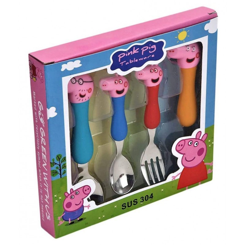 Esmi Peppa pig Stainless Steel Kids Cutlery Set  | Feeding Spoon and Fork Cutlery |  Peppa Pig Family Cartoon Character Theme Set of 4