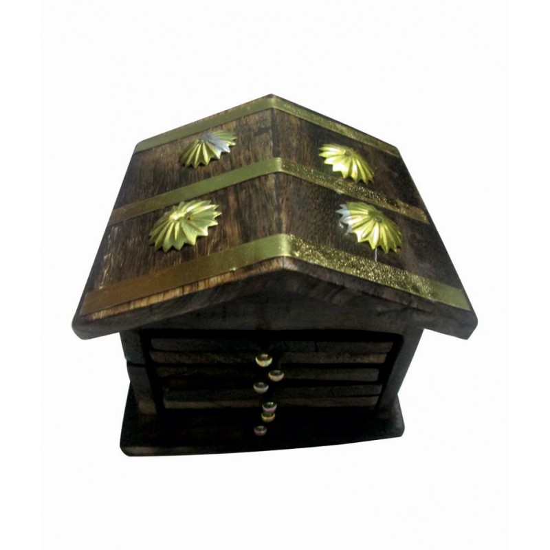 Evergreen Brown Wooden Handicraft Designer Coaster Set Decorative Gift Item Hut Shape