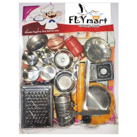 FLYmart Steel Kitchen Set No-3 Toys for Kids | Role Playing Kitchen Set in Stainless Steel with Wooden Chakla Belan Set | Master Chef Role Playing Kitchen Set Master Chef | (Set 3)