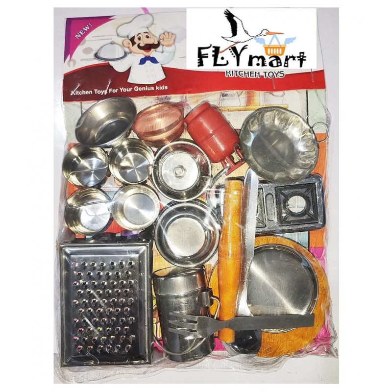 FLYmart Steel Kitchen Set No-3 Toys for Kids | Role Playing Kitchen Set in Stainless Steel with Wooden Chakla Belan Set | Master Chef Role Playing Kitchen Set Master Chef | (Set 3)