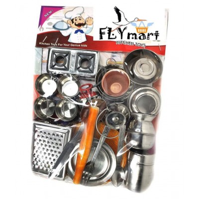 FLYmart Steel Kitchen Set No-4 Toys for Kids | Role Playing Kitchen Set in Stainless Steel with Wooden Chakla Belan Set | Master Chef Role Playing Kitchen Set Master Chef | (Set 4)