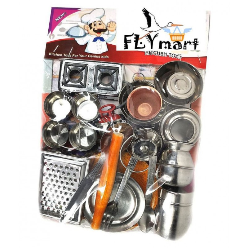 FLYmart Steel Kitchen Set No-4 Toys for Kids | Role Playing Kitchen Set in Stainless Steel with Wooden Chakla Belan Set | Master Chef Role Playing Kitchen Set Master Chef | (Set 4)