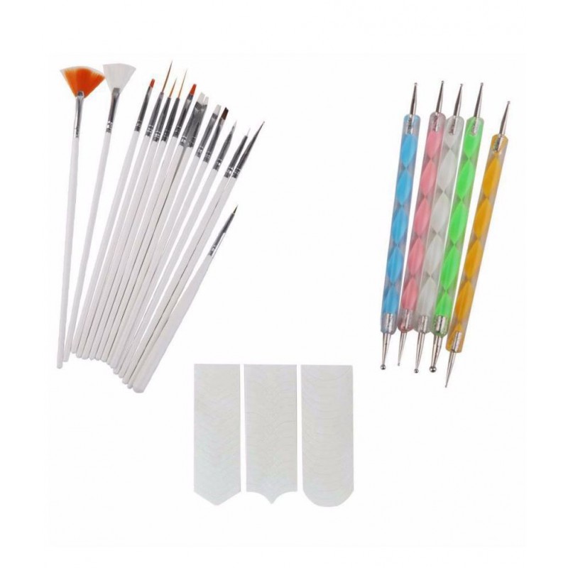 FOK Nail Art Combo 15pc Nail Brush Set ,5pc Nail Pen Set And A French Manicure Nail Art Tip Sticker