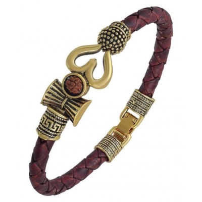 FSN Rudraksha OM Trishul Damroo Designer Oxidized Gold Bahubali Leather Kada Bracelet for Men & Women