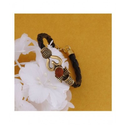 FSN Rudraksha OM Trishul Damroo Designer Oxidized Gold Bahubali Leather Kada Bracelet for Men & Women